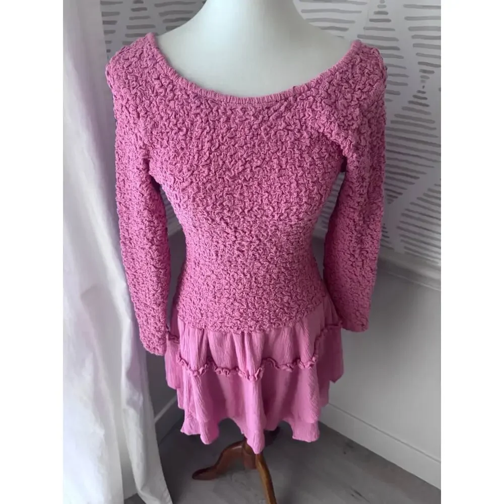 Free People Small Pink What A Time Drop-Waist Crinkle Stretchy Mini Dress